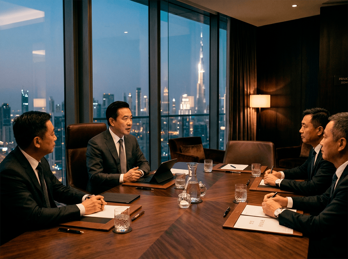 中国商务游客在迪拜全景前的合影